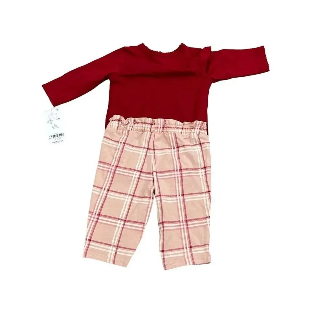 3M Carter's Baby Girls 2 Piece Pant Set Pink Maroon Bodysuit and Plaid Pants